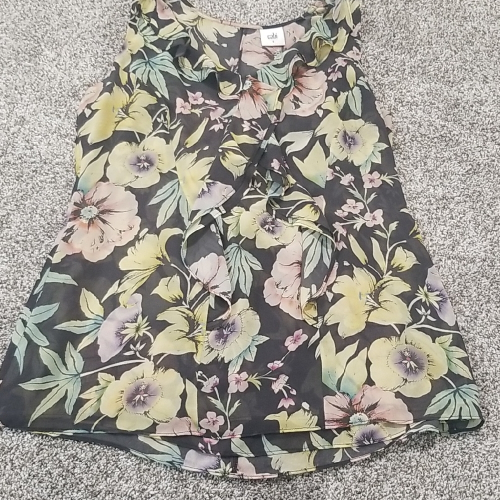 CAbi Black Floral Ruffle Blouse
